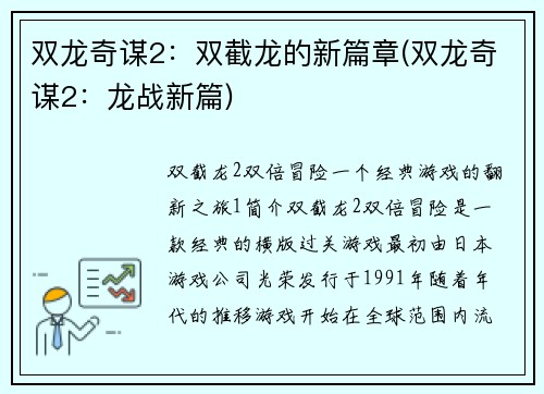 双龙奇谋2：双截龙的新篇章(双龙奇谋2：龙战新篇)